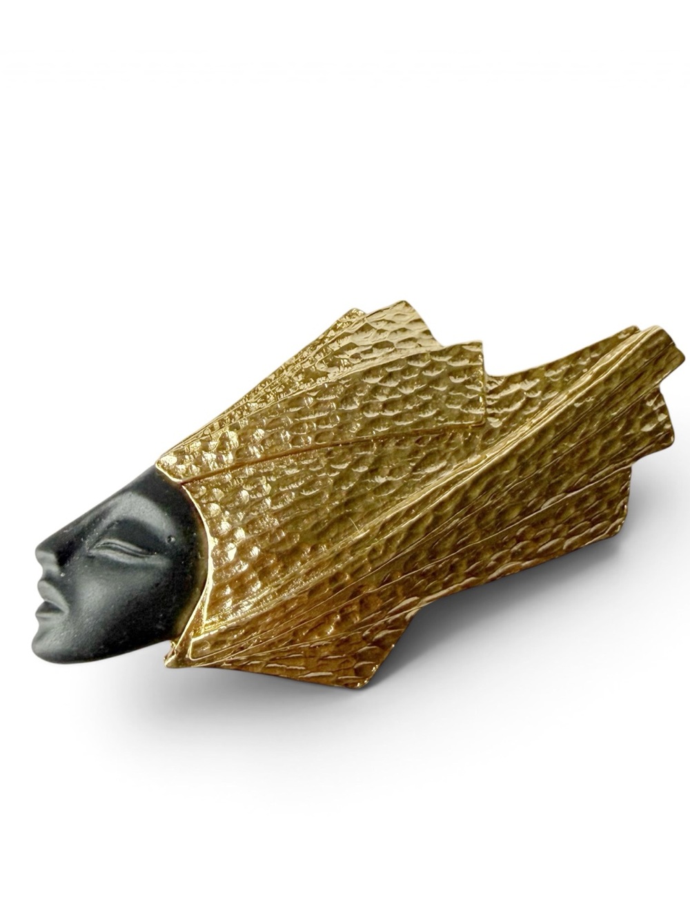 Vintage Modernist African Queen in Headdress Hammered Goldtone Brooch Pin